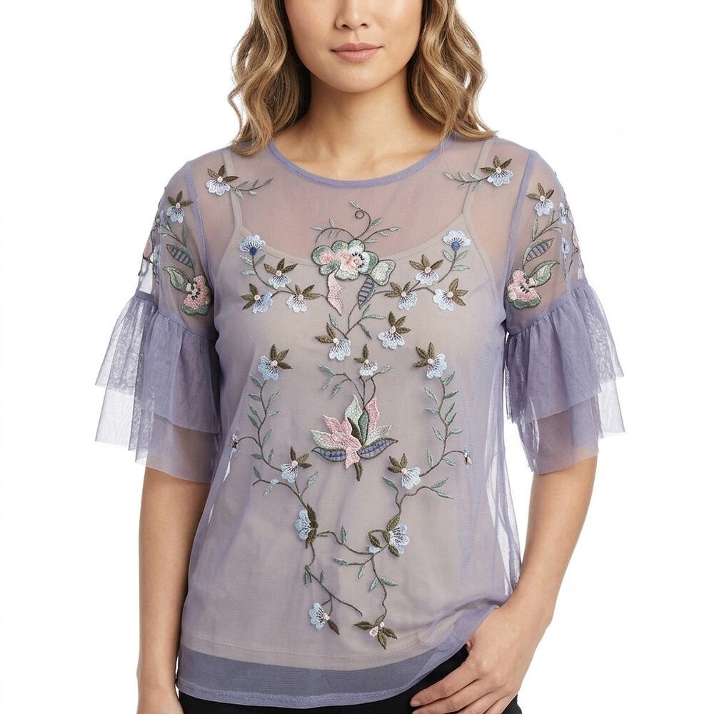 Lane Bryant Purple Floral Button Embroidered Ruffle Top Women Size 14/16